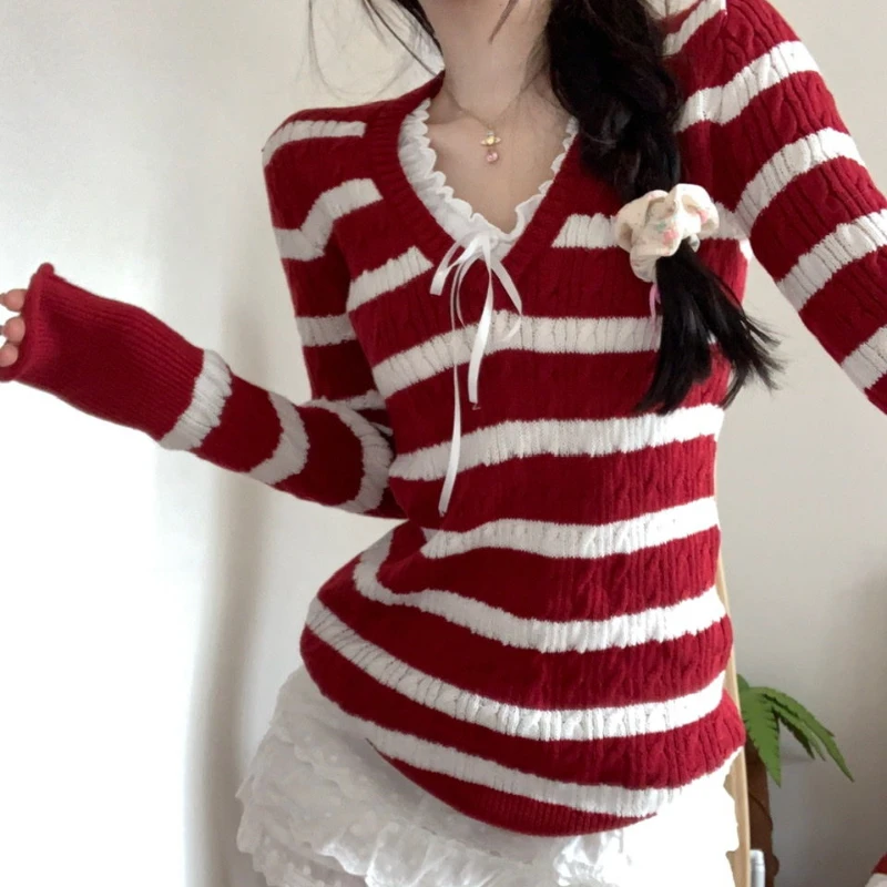 Deeptown Sweater wanita bergaris manis, Sweater rajutan merah elegan gaya Korea lengan panjang musim gugur musim dingin