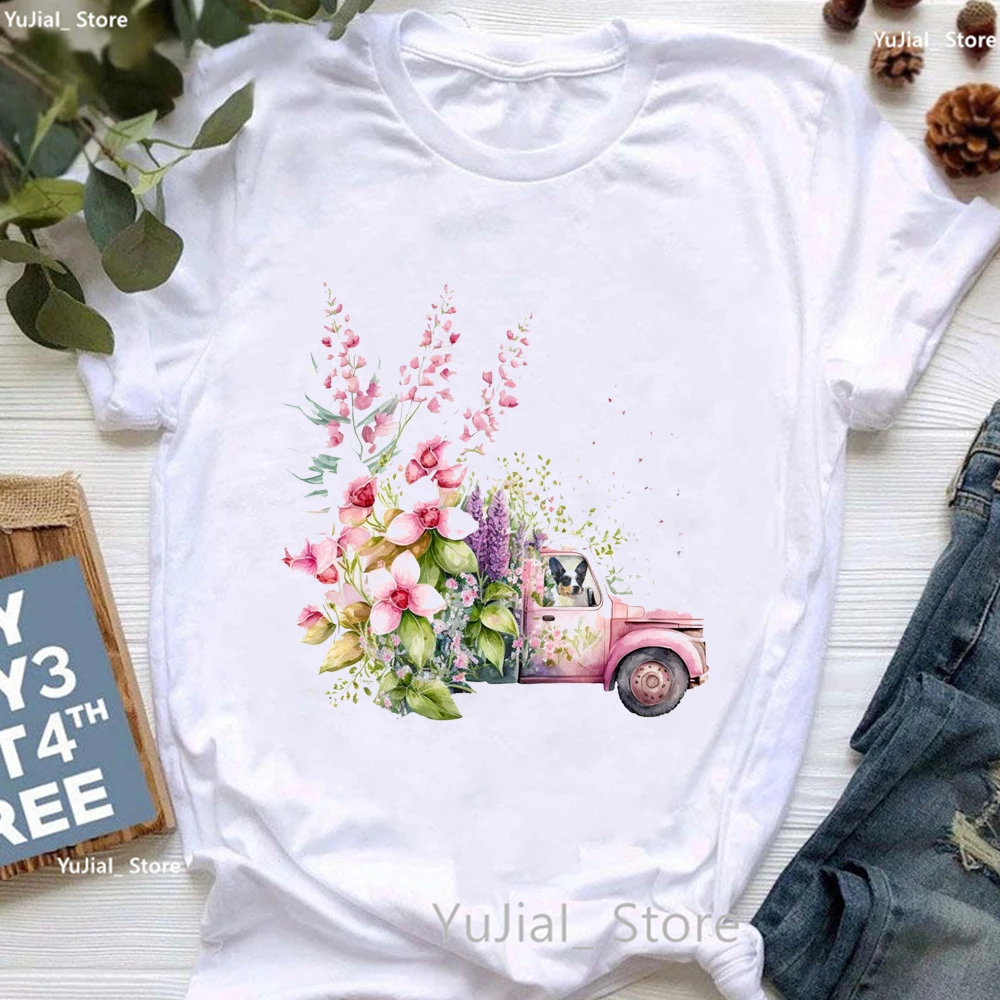 

Kawaii Dog Car With Pink Flowers Print T Shirt For Girls Summer Top Tee Shirt Femme Camp Cool Tshirt Female Harajuku Shirt