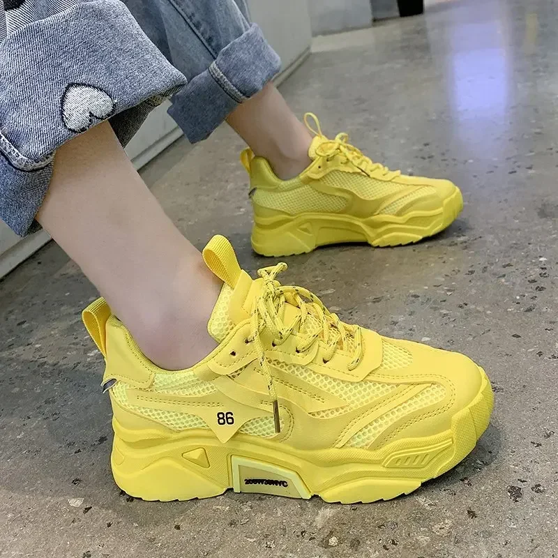 2024 New Spring Autumn Platform Sneakers Women Casual Lace Up Thick Bottom Walking Shoes Woman Non Slip Yellow Sneakers Mujer