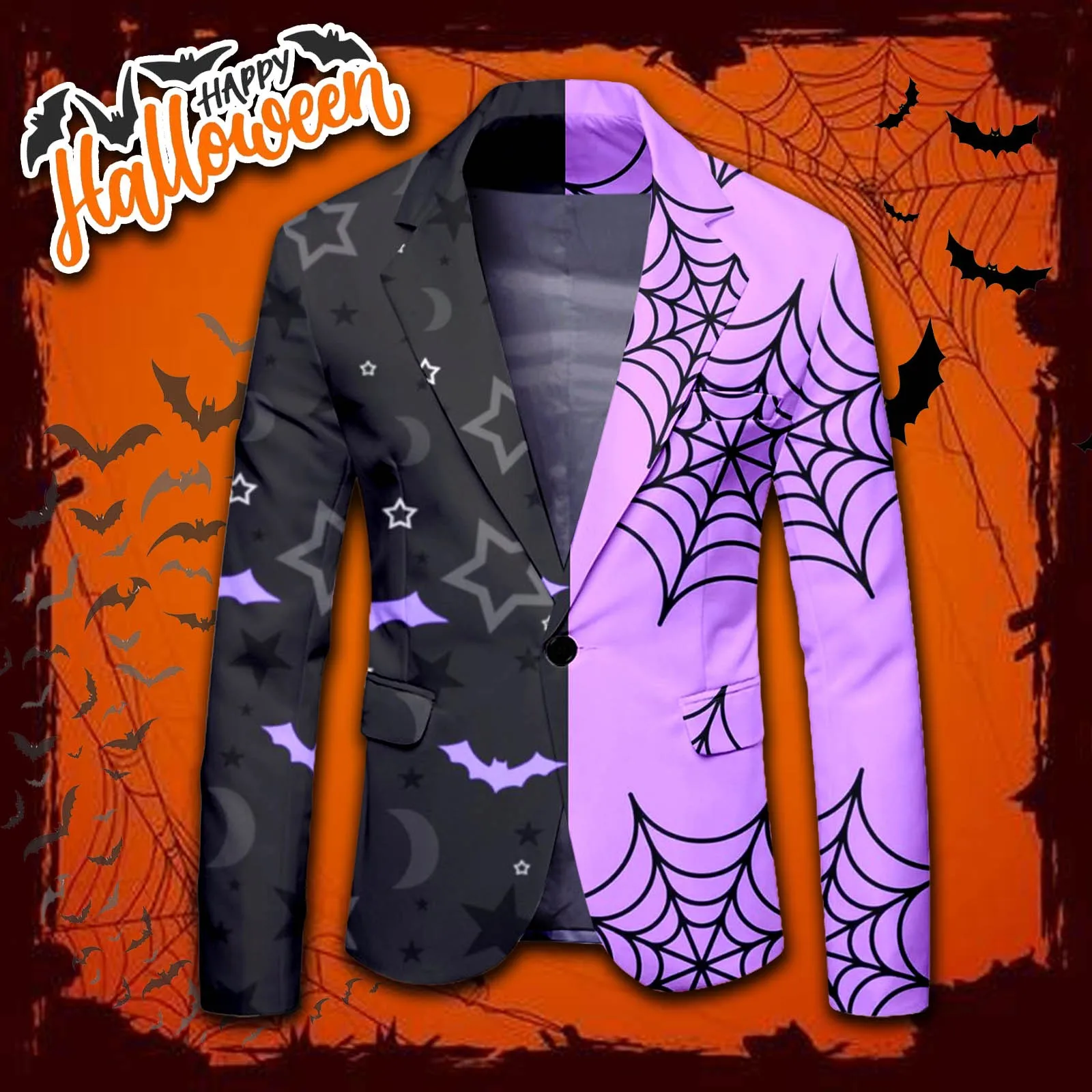 Halloween Theme Pumpkin Print One Button Suit Autumn Long Sleeved Cosplay Jacket Casaul Lapel Neck Pocket Blazer for Men