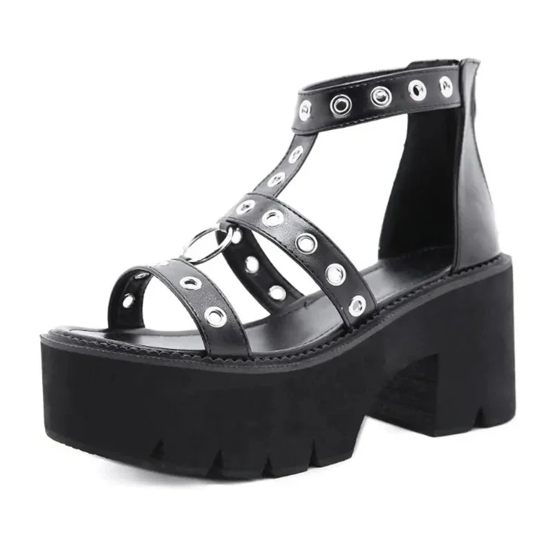 Black Punk Gothic Platform Sandals Open Toe Buckle Strappy Women Summer Shoes Sexy Rivets Thick Heels Footwear Drop Ship