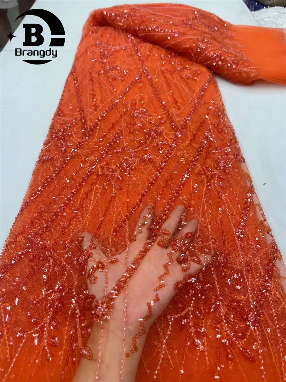 Orange African Sequin Tulle Lace Fabric 2024 High Quality Lace French Groom Fabric Nigerian Women's Wedding Party Dress Material