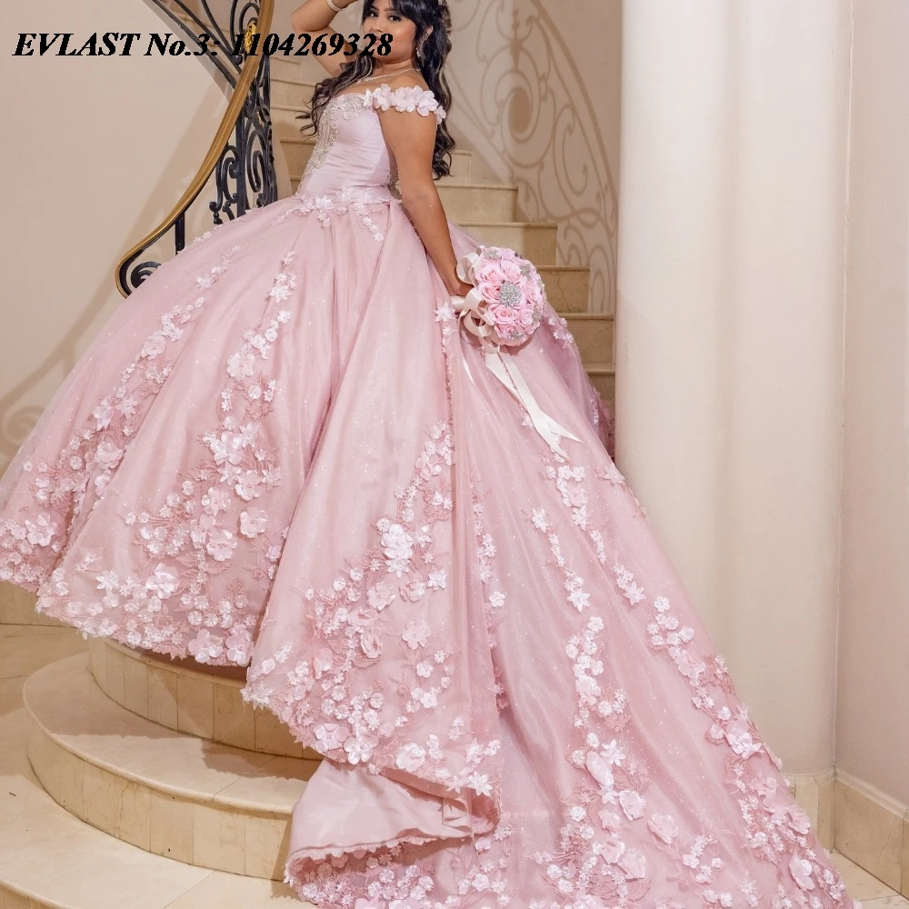 

EVLAST Customized Glitter Pink Quinceanera Dress Ball Gown 3D Floral Applique Beading Corset Sweet 16 Vestido De 15 Anos E3Q303