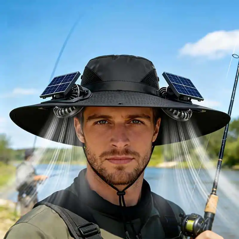 2-Fan Solar-Powered Sun Hat, USB Rechargeable, Adjustable Strap, Cool and Breathable, Efficient Battery Life, Large Airflow, Long Battery Life, Suitable for Various Outdoor Activities