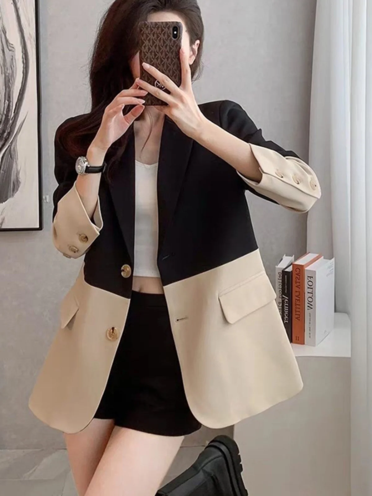 Briti Sle Loose Fit Kleur Blo Pak Jaet Dames Lente Herfst Nieuwe Sle Koreaanse versie Afslankend ontwerpgevoel