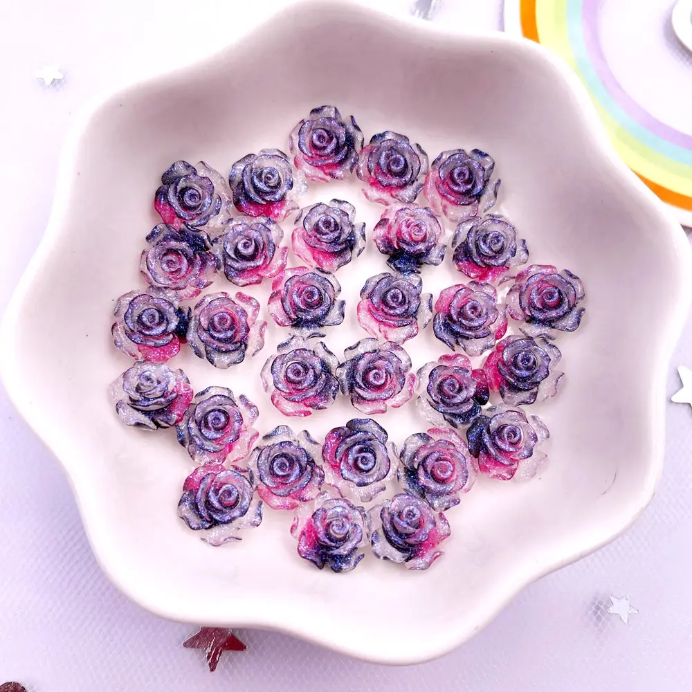 50Pcs 10mm 8mm Resin Glitter Rose Nail Art Flatback Flower Rhinestones Gem DIY Scrapbook Wedding Ornament Appliques Crafts SL802