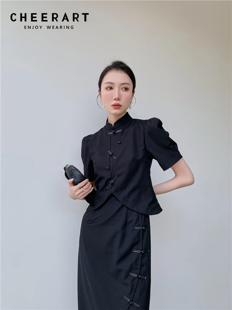 CHEERART Vintage Fake 2 Piece Puff Sleeve Long Cheongsam Dress For Women 2022 Short Sleeve A Line Ladies Midi Qipao Dress