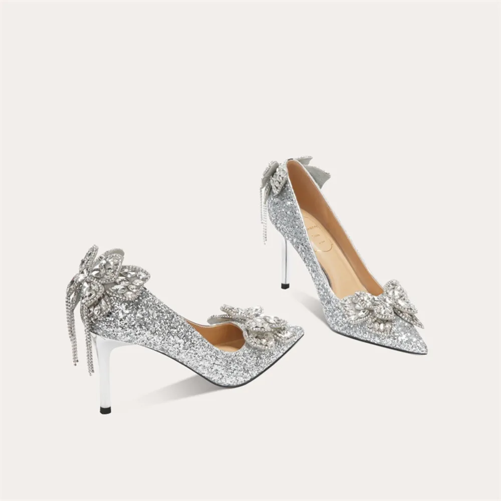 

Elegant Bow Rhinestone Tassel Wedding Shoes Luxury High Heels for Women Party Bridal