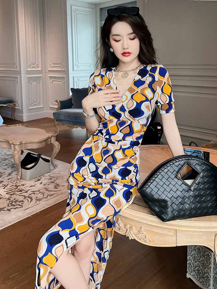 Zomer Jurk Voor Vrouwen 2023 Elegante Casual Kleurrijke Print Korte Mouw Plooien Slit Bodycon Maxi Robe Lady Holiday Street Vestido