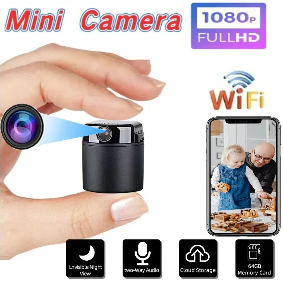 Mini 1080P HD Wifi Camera Battery Operated Small Wireless Cam 360 Degree Horizontal Rotation Security Mobile Fhone Monitoring