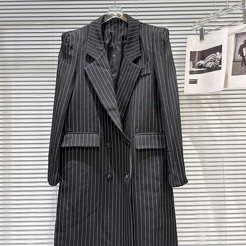 KBQ Casual Slimming Stripe Jackets For Women Lapel Long Sleeve Spliced Pockets Autumn Temperament Jacket Female Fashion Style