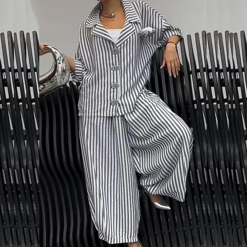 Casual High Street Straight Outfits Autumn Striped Printed Loose Women's Suit Office Lapel Button Shirt and Long Pants 2pc Set