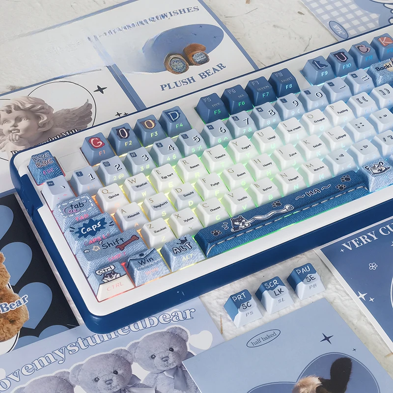 [Cowboy Shiba Inu] Puppy Keycap Cherry Side Engraved Blue Keycap Set Pbt Thermal Sublimation Cute Cartoon 120Keys Keycap