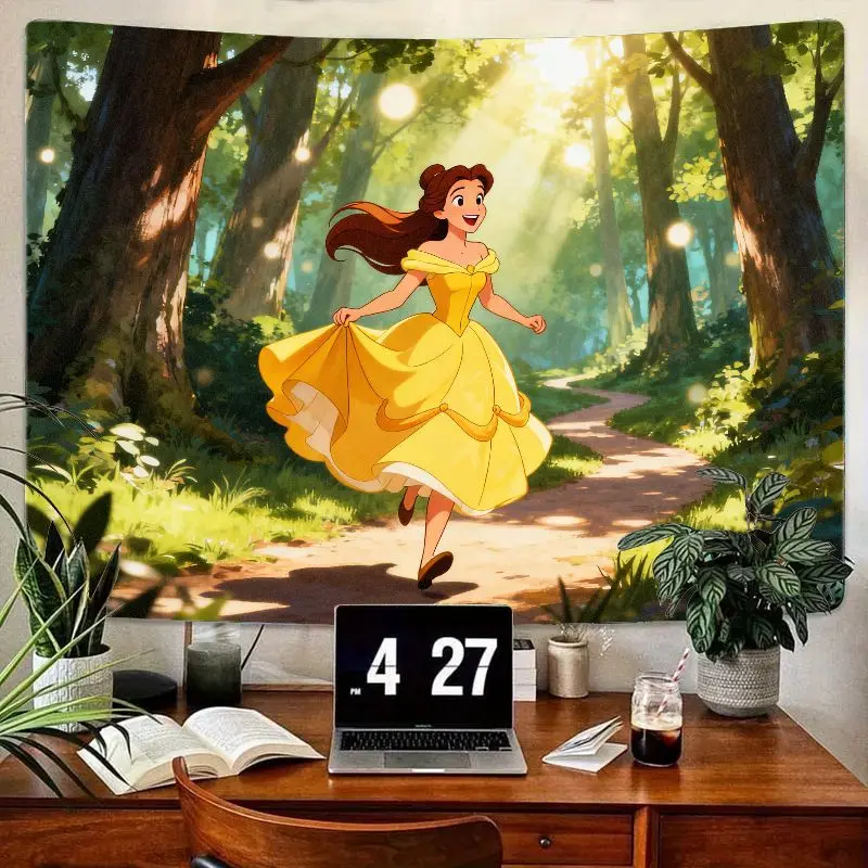

1 шт., гобелен принцессы Диснея Белль, «Красавица и чудовище», желтое платье, фэнтезийный лес, настенное искусство, современный декор для спальни из полиэстера Gi