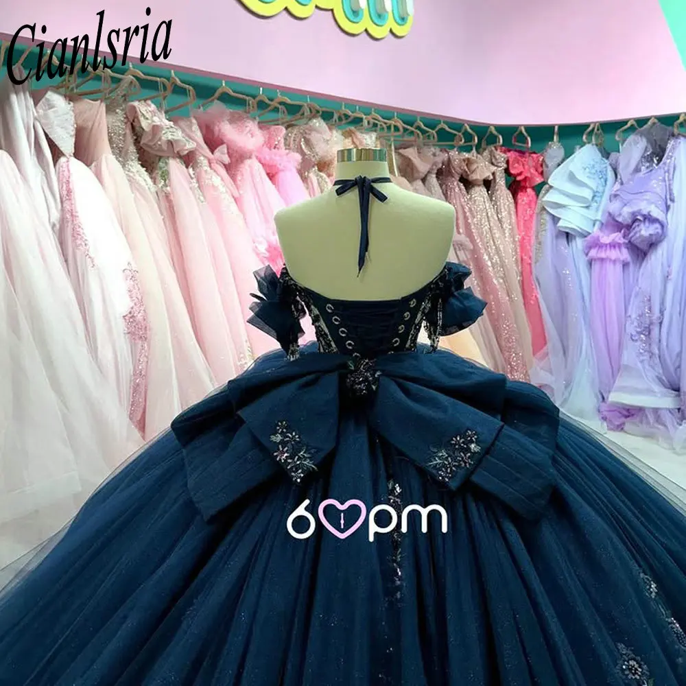 

Navy Blue Tulle Pleat Bow Ball Gown Quinceanera Dresses Off The Shoulder Appliques Beading Sweet 15 Birthday 2026 Customized