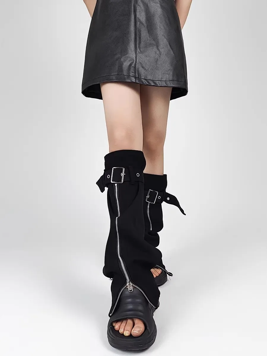 Y2K Hot Girl Denim Leg Warmers, Zipper Adjustable Buckle Design, Black Punk Techwear Slim‑Fit Leg Sleeves R3243 view 3
