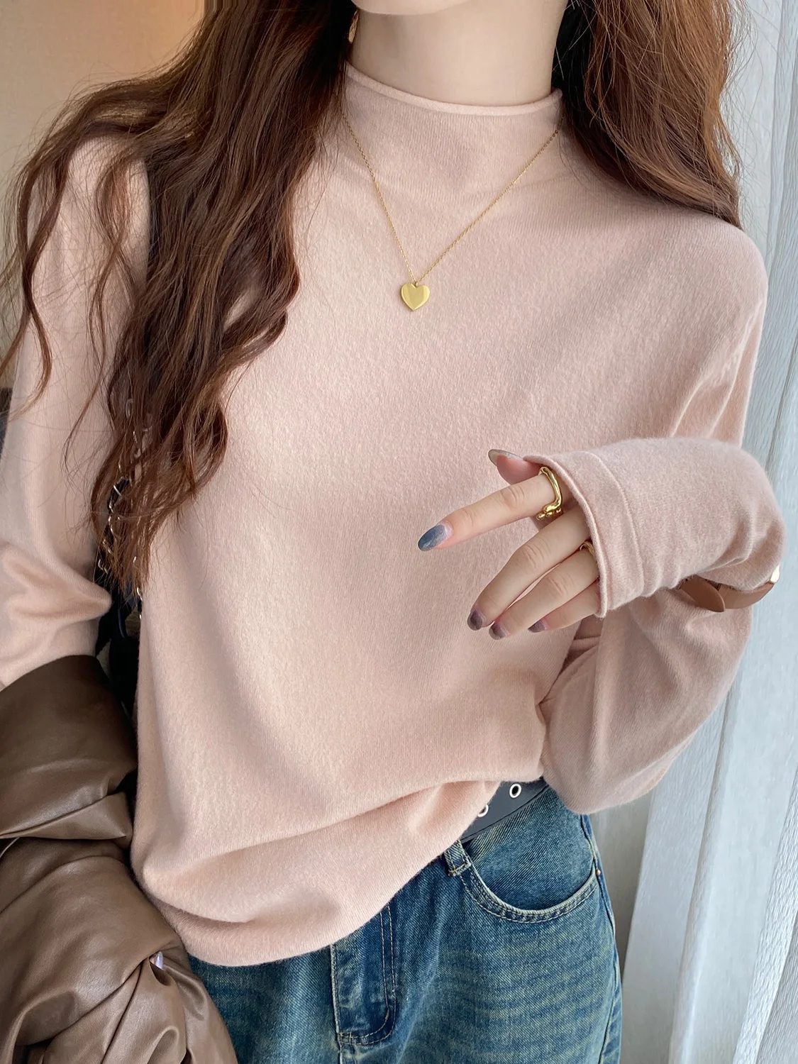 Suéter de punto de Cuello medio alto para mujer, tops suaves, camisa de fondo exterior de manga larga, camiseta de otoño y primavera