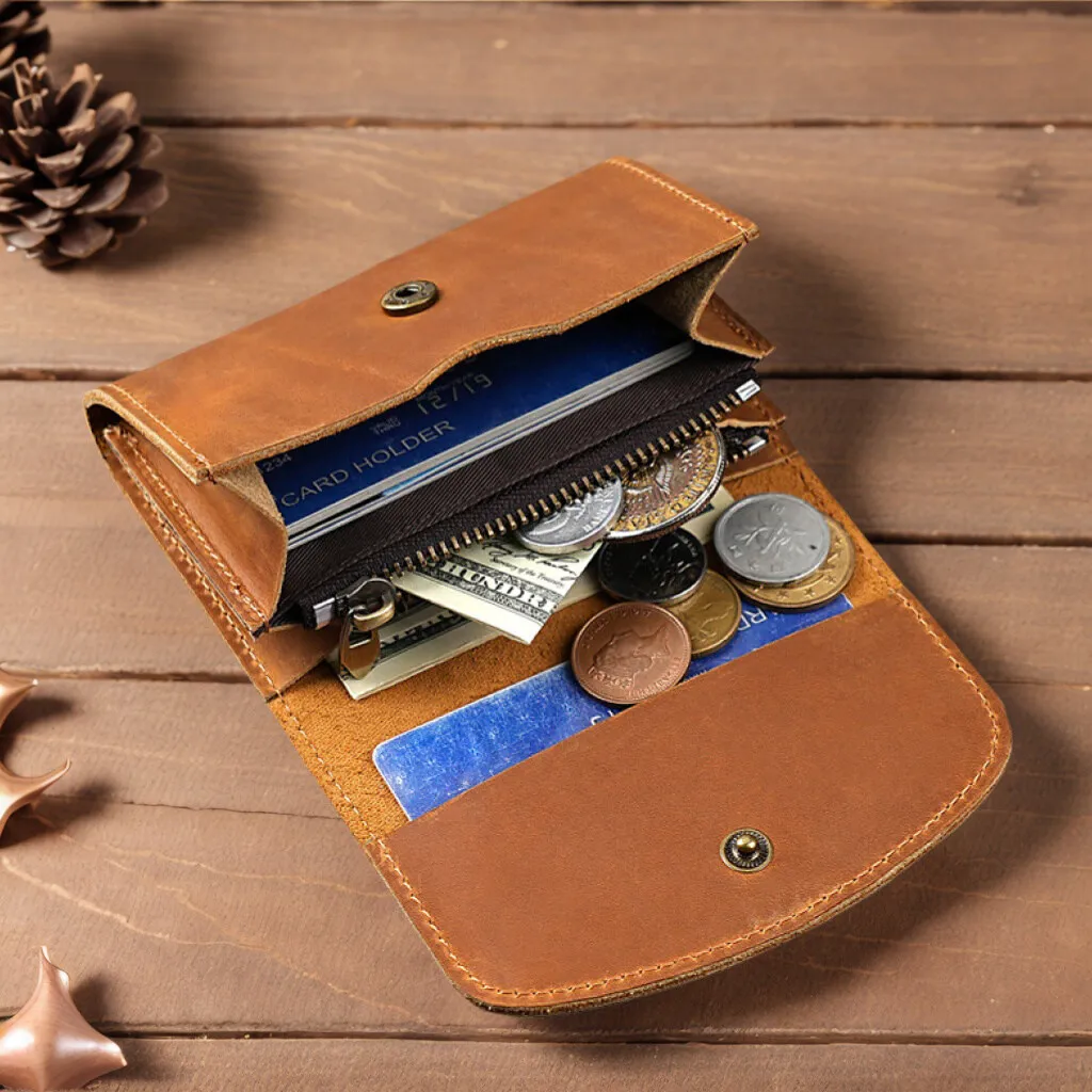 

Retro Crazy Horse Leather Business Card Zipper Small Bag Compact Lid Button Coin Wallet Pocket Money Pouch