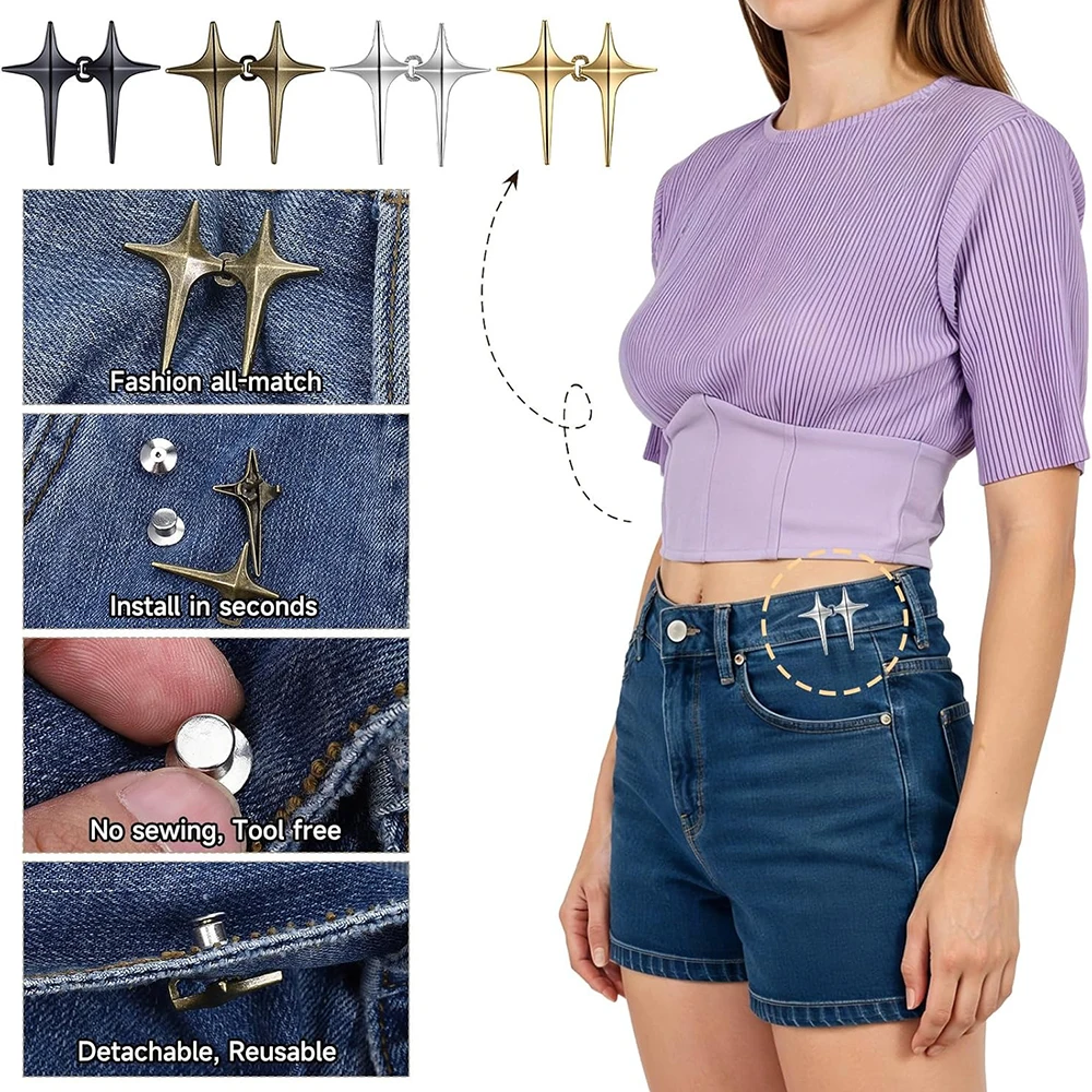 2 Sets Adjustable Star Button Pant Waist Tightener Waist Buckle Sets No Sew and No Tools Detachable Decorative Buttons for Pants