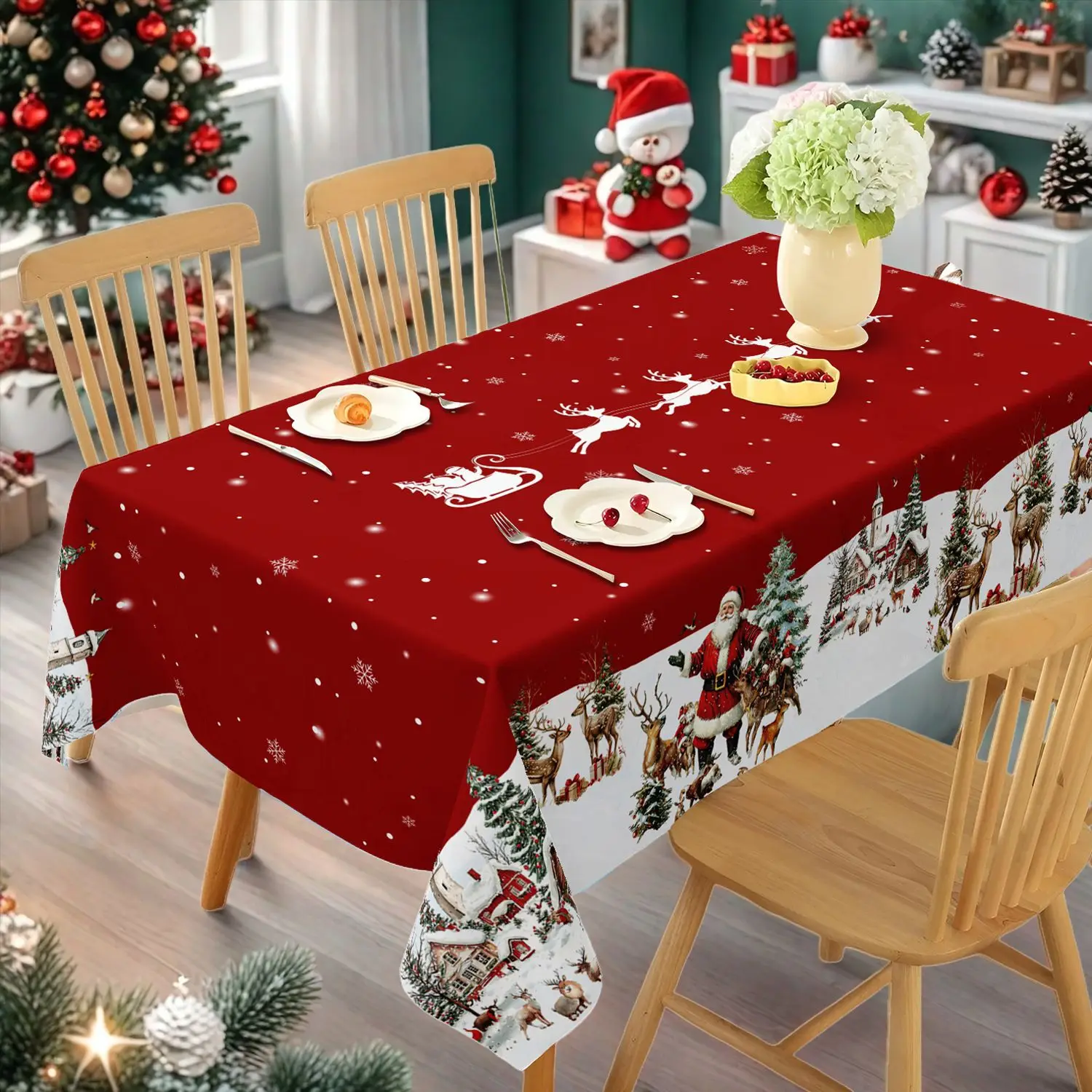 2026 panos de mesa de natal árvore de natal vermelha impressa à prova d' água oilproof para casa ornamento natal ano novo decoração de natal