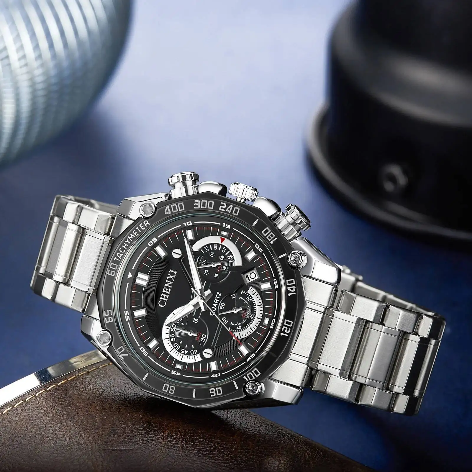 CHENXI 929A montre à Quartz pour hommes multifonction chronographe calendrier étanche bracelet en acier inoxydable montres de sport décontractées pour homme