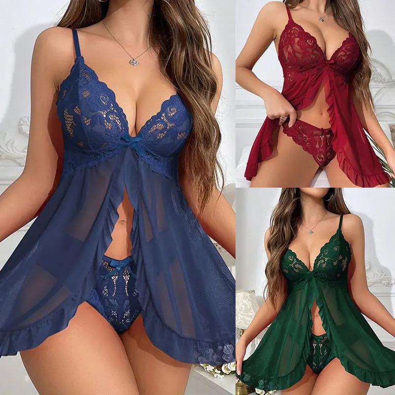 

Sultry Thong Set Nightgown For Sexy Women Sling Deep V Sleepwear Sets With Pantiess Plus-size Pajamas Short Skirts At Night