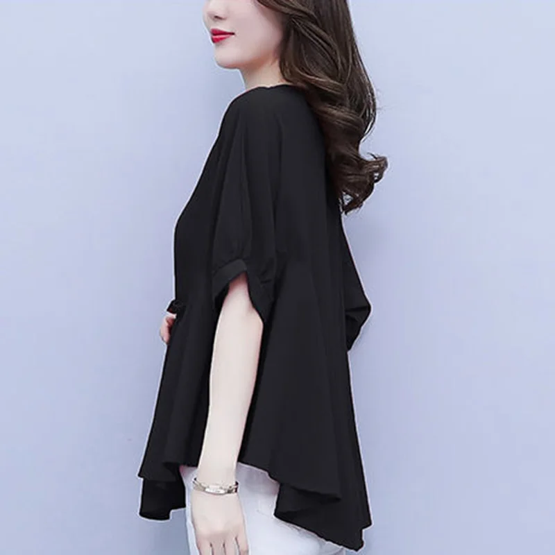 Elegant V-Neck Loose Shirring Bandage Bow Blouse Women\'s Clothing 2023 Summer New Oversized Casual Pullovers Asymmetrical Shirt