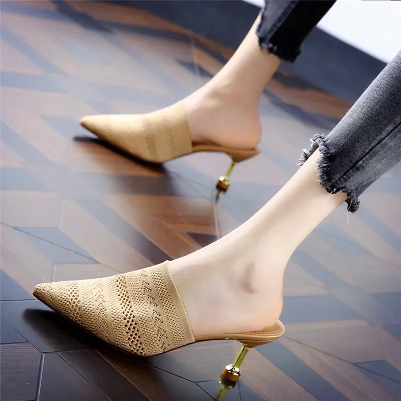 Knit Mesh Breathable Slippers High Heels Mules Women 2022Summer Shoes Pointed Toe Party Ladies Shoes Pantuflas De Mujer Zapatos