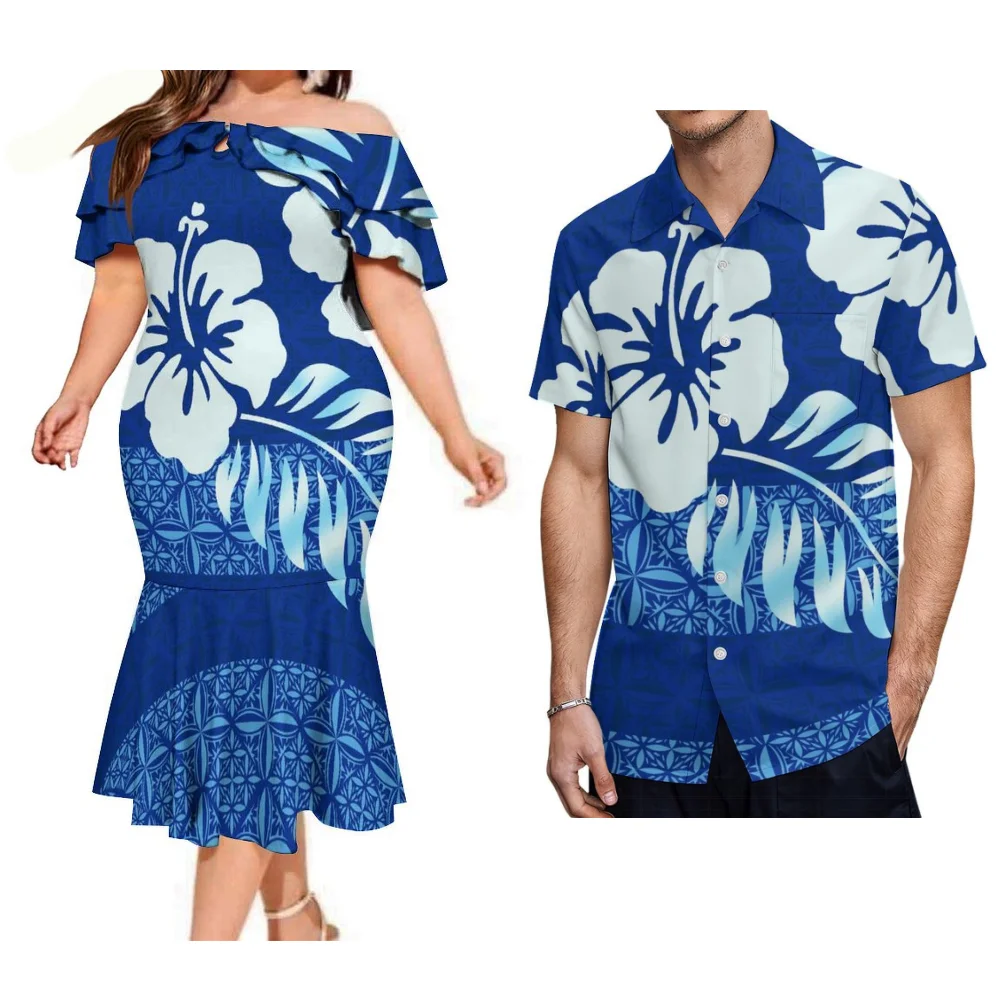 

Samoan Elegant Couple'S Summer Women'S Off-The-Shoulder Fishtail Dress Men'S Shirt Polynesian Adult Plus-Size Clothing