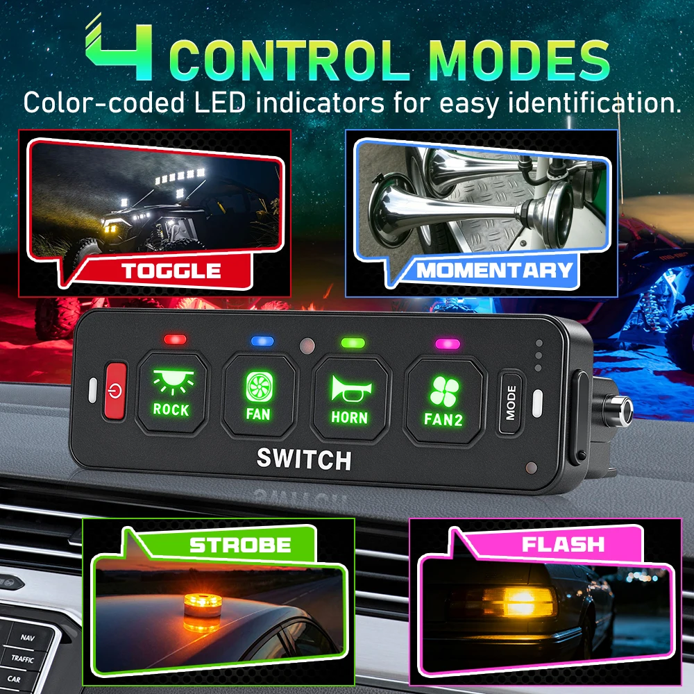 4 Gang 12V 24V Universal RGB Controller Switch Panel Box, Car Interior Accessory for 4x4 Offroad Boat ATV Truck SUV RV UAZ