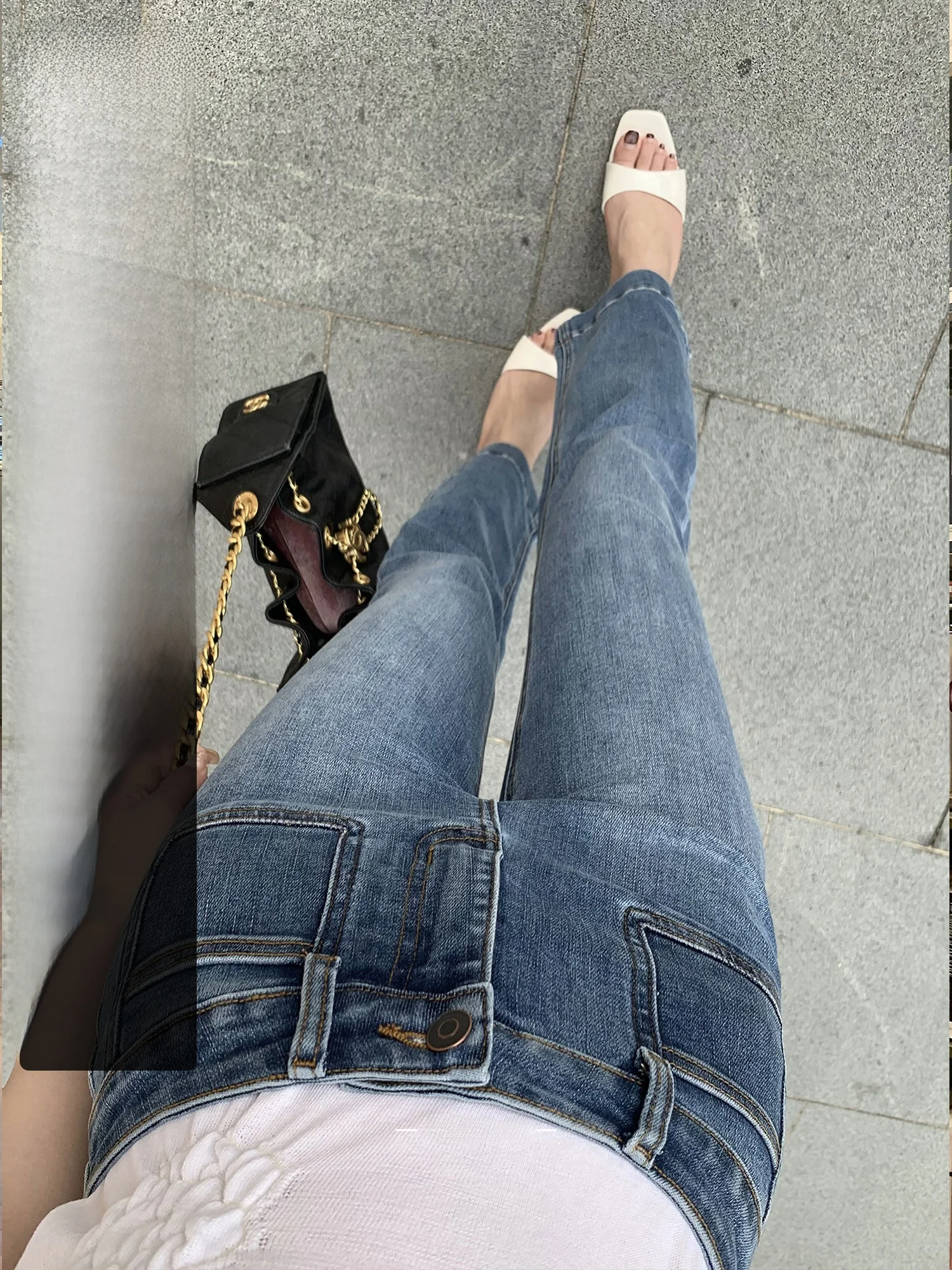 

Wuuus Women's Slim Fit Jeans mid Waist Bell Bottoms Nine Points Blue Washed Summer Thin Natural Waist Button Closure