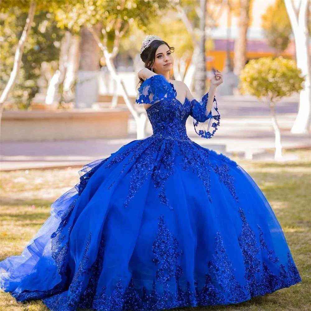 Vestido de quinceañera azul de lujo con capa de encaje con cuentas, vestidos de princesa para baile de graduación 2022, longitud hasta el suelo, Dubai, vestido de fiesta mexicana dulce 16