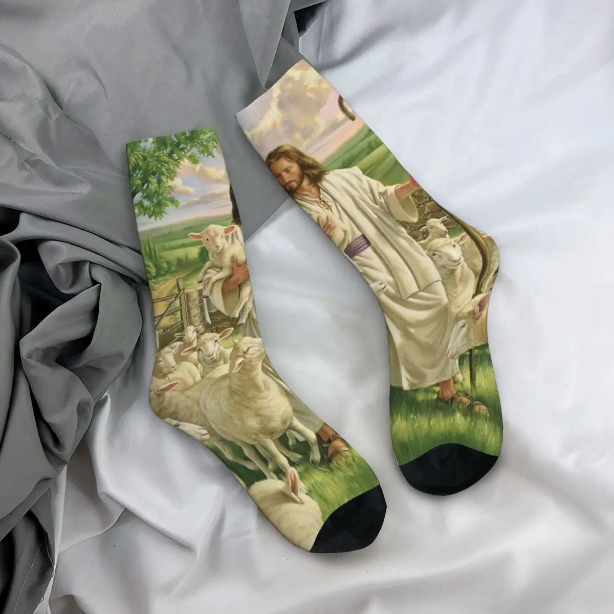 

All Seasons Crew Stockings Easter Retro Jesus Hug A Lamb Socks Crazy Hip Hop Long Socks Accessories for Men Women Gifts