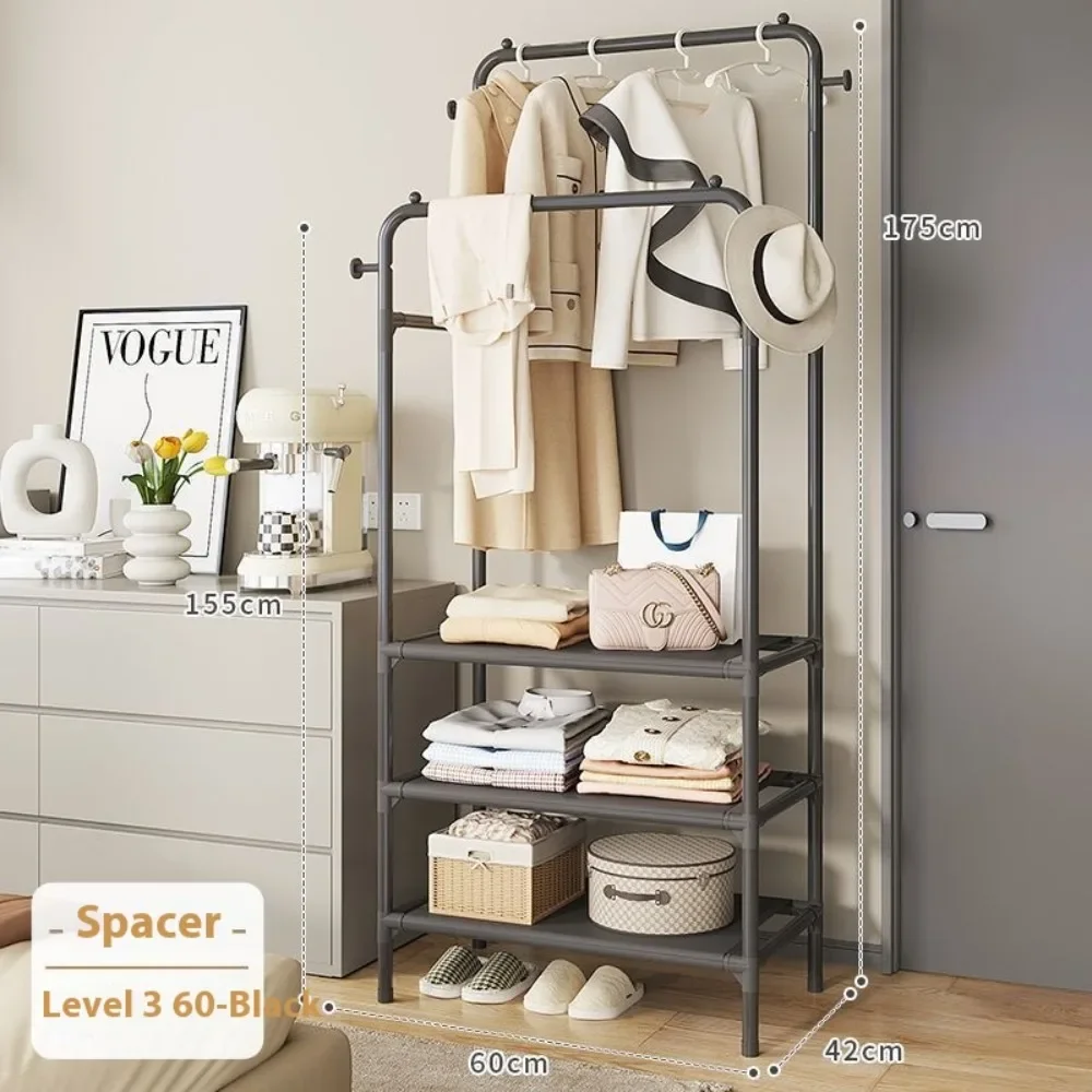 

Floor Clothes Rack Standing Hanger Thickened Double Rods Garment Rack Removable Clothes Storage Trolley with Storage Basket