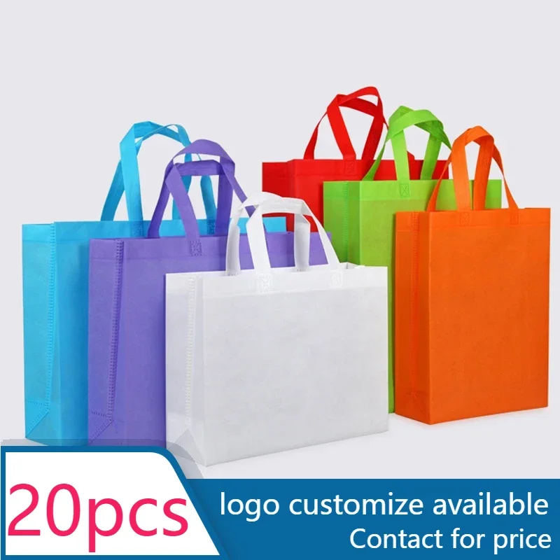 20 pcs Wholesale Eco Custom Logo Printed Reusable Extra-Wide Non Woven Fabric Carry Tote Bag Grocery Shopping Bags