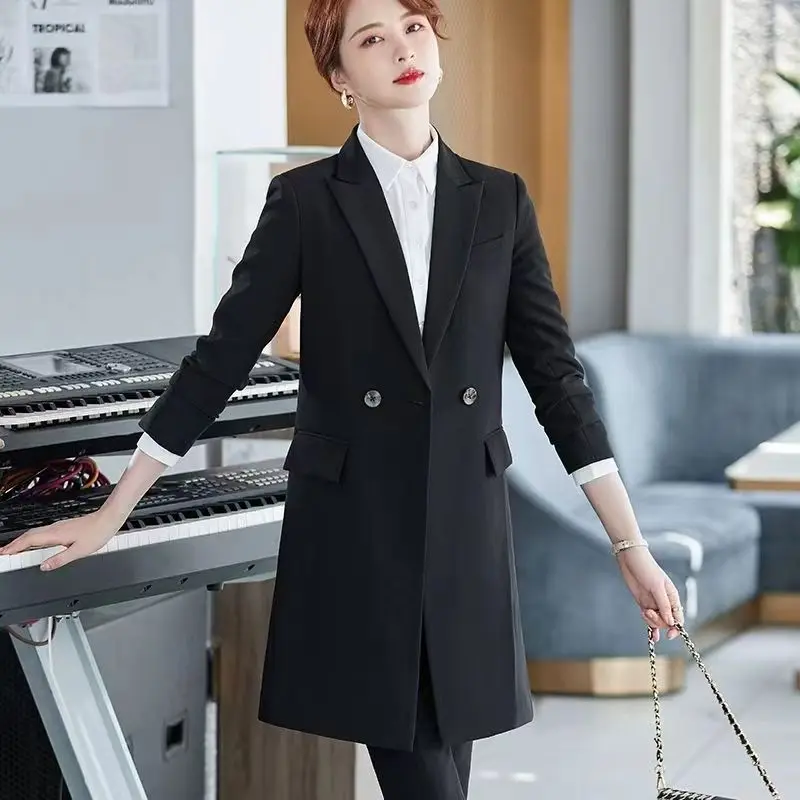 Women Long Blazers Spring Autumn 2023 Korean Office Lady Graceful Solid Suit Jackets Fashion Joker Overcoat New Workwear Female