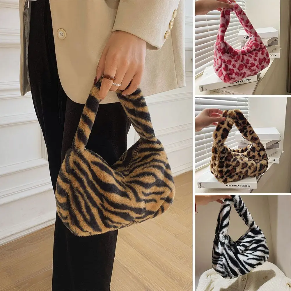 Korean Zebra Pattern Leopard Print Bags Soft Furry Fluffy Women Underarm Bags Retro Handbags Women