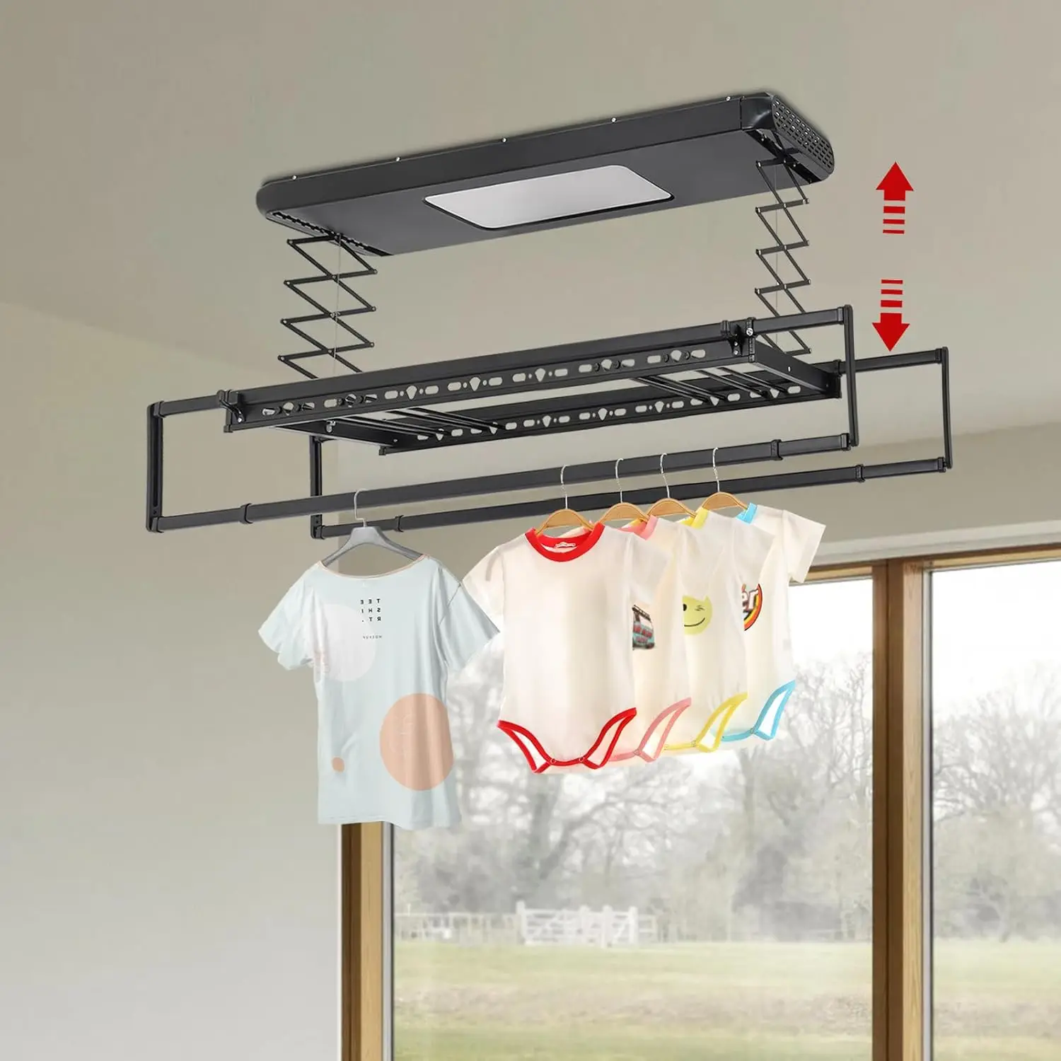 Elektrischer Deckentrockner, 35 kg Tragfähigkeit, höhenverstellbar (110 cm), mit Fernbedienung und LED-Licht, 8 + 2 ausziehbare Stangen