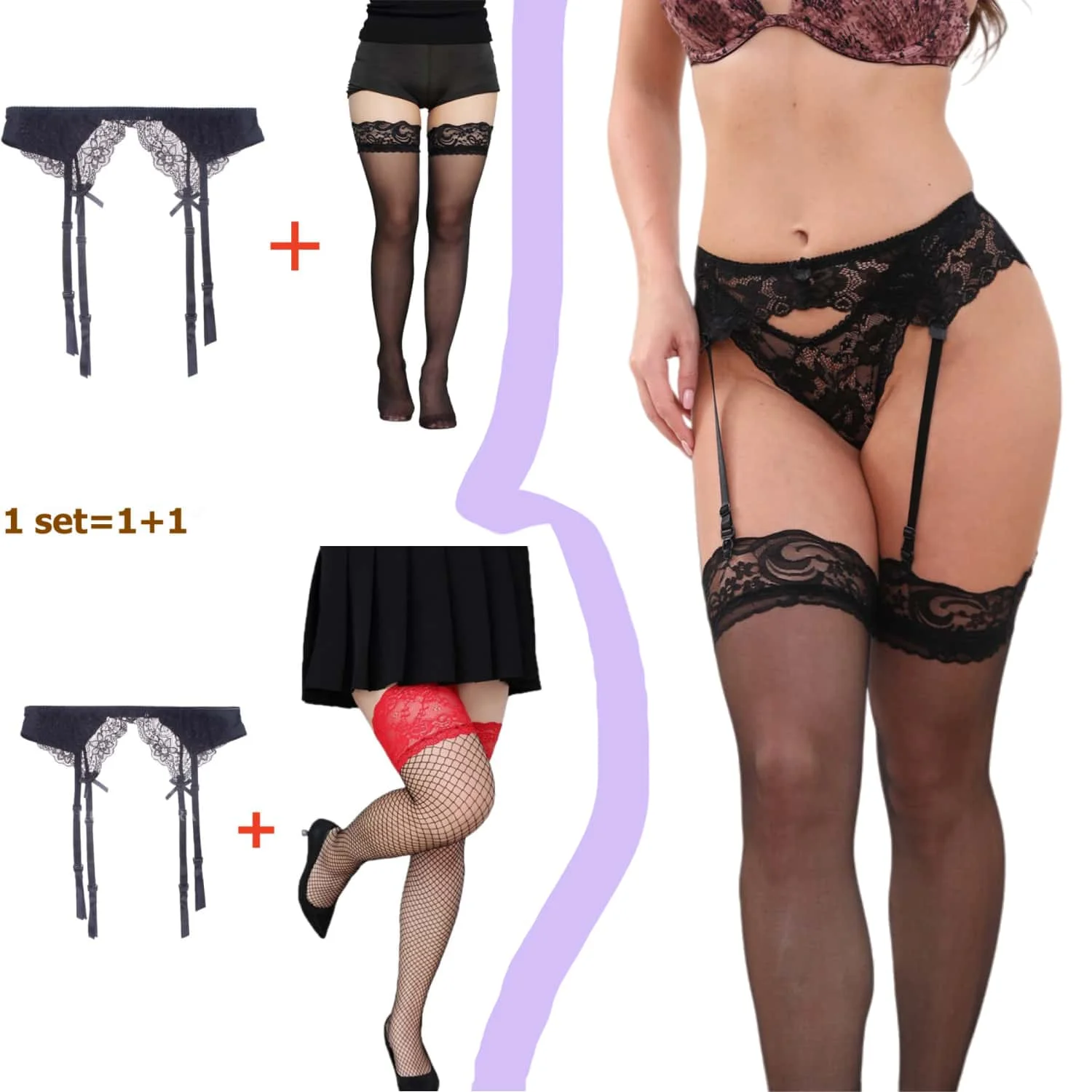2pcs Women's Plus Size Sexy Lace Adjustable Non-slip High Waist Garter Belt One-piece Stockings with Mesh Suspender Pantyhose