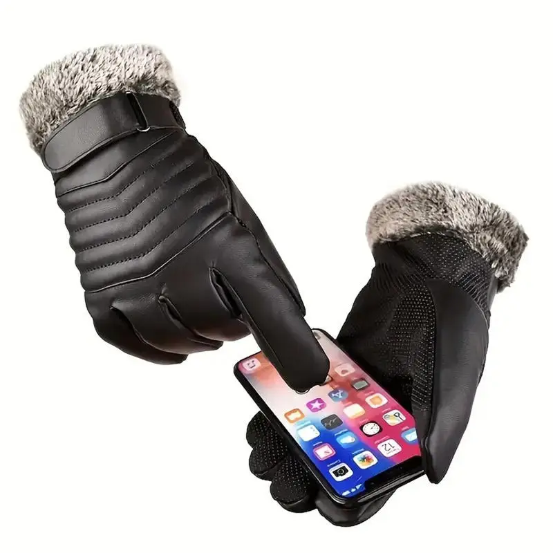 Gloves Winter MEN'S Fur Mouth Plush Insulation Gloves Outdoor Cycling Motorcycle PU Touch Screen Cotton Gloves