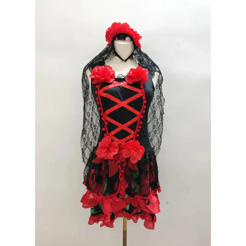 Adult Women's Mexican Day Of The Dead Skull Scary Costume Halloween Carnival Party Flower Fairy Ghosts Bride Cosplay Dress