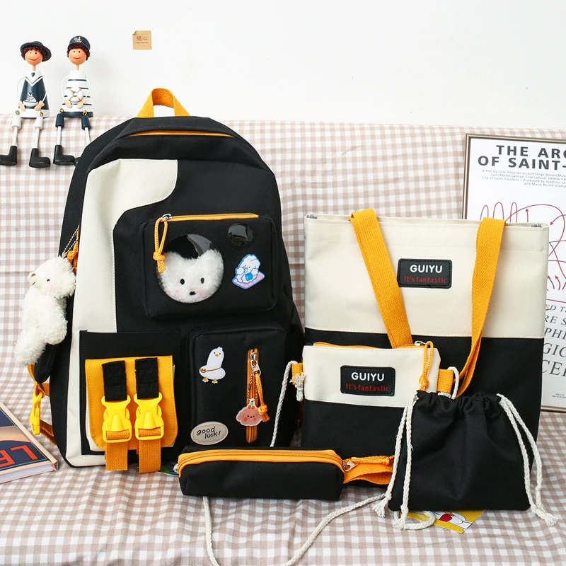 

5 piece set school bags for girls 2022 cute bear kids backpacks and pencil case black 5 in 1 student backpacks for teenagers boy