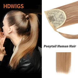 Straight Drawstring Ponytail 100% Real Human Hair Extensions Clip in Horse Tail Human Hairiece Wrap Around Natural Blond Color