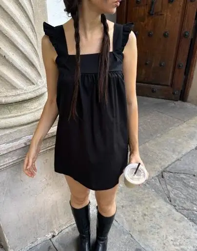 Y2K 여성용 체크 무늬 베이비돌 드레스 - 여름용 프릴 스트랩이 있는 스퀘어 넥 민소매 미니