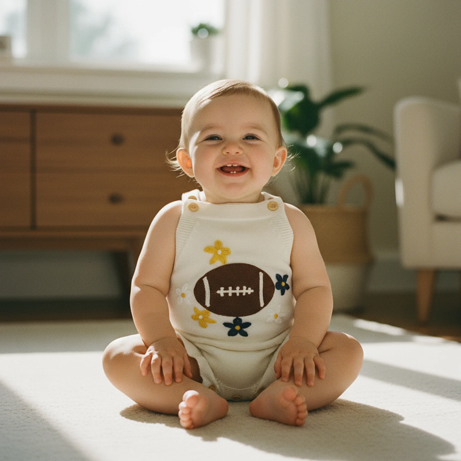 

Baby Clothing Girl Knitted Romper Loose Fit Rugby Flower Pattern Square Neck Sleeveless Jumpsuit Newborn Clothes