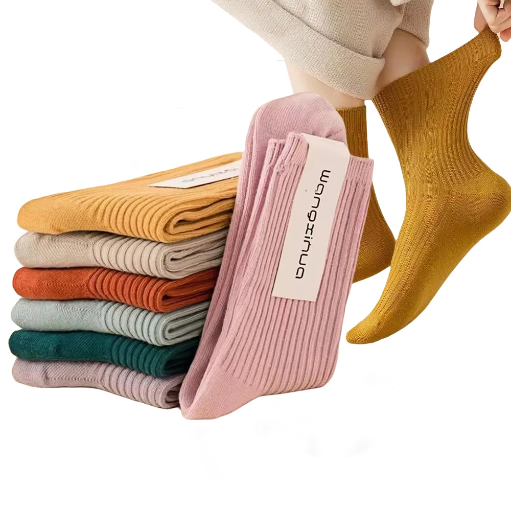 

SHXI 1 Pair Of Cotton Casual Women's Socks Solid Color Simple Spring Autumn Comfortable Mid-Tube Pile Socks Fashion Girls' Sock