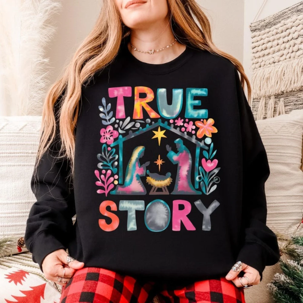 عيد الميلاد قصة حقيقية التصميم الإبداعي قمم الإيمان على أساس عيد الميلاد البلوز المرأة المسيحية عيد الميلاد السترة الملابس الدينية