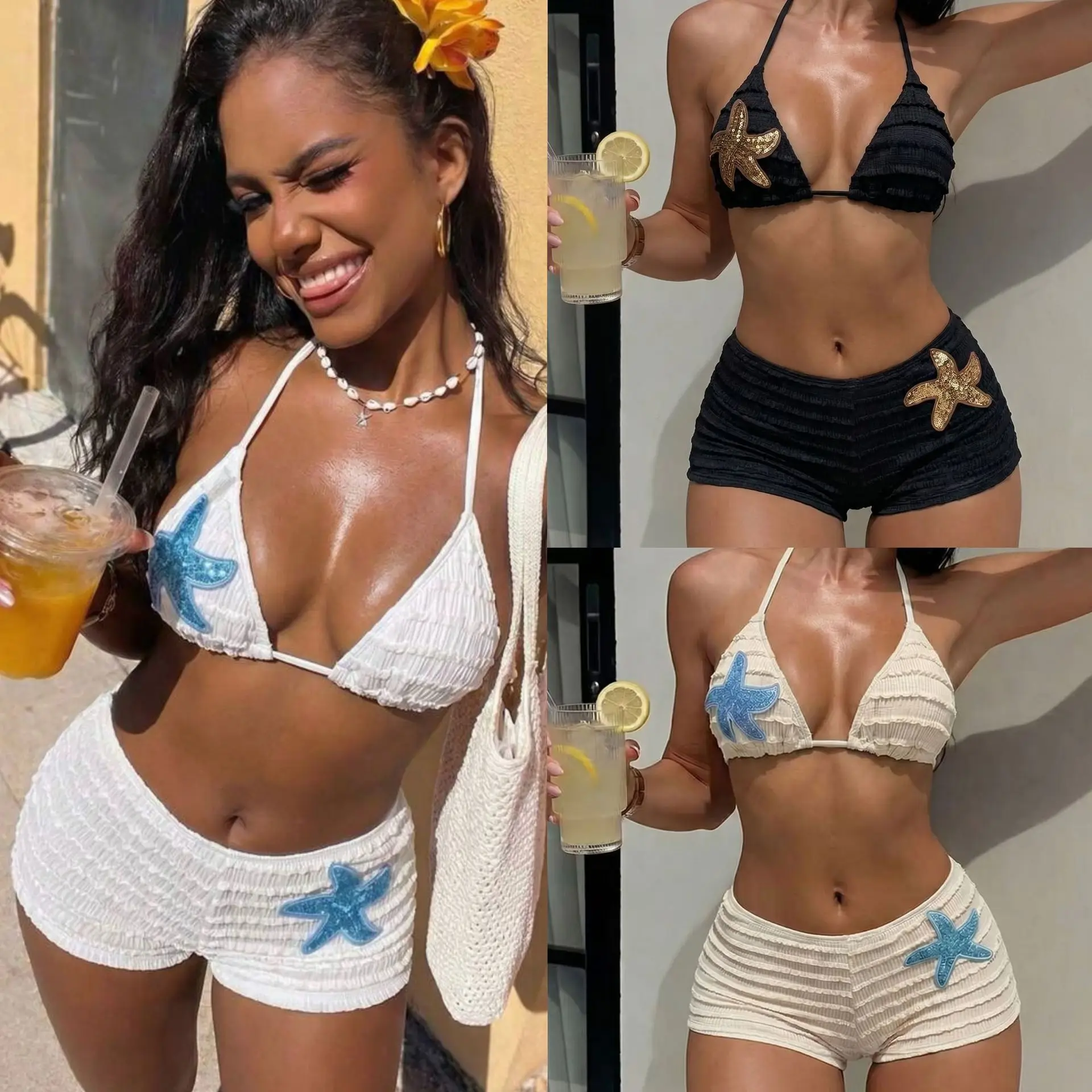 Women's Halter Triangle Bikini Sets Sequin Starfish Tie Back Tops with Shorts Bathing Suit