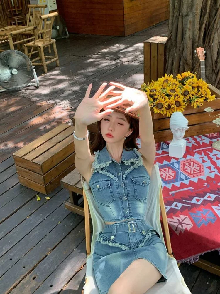 여름 데님 섹시한 클럽 2 조각 의상 여성 캐주얼 스트랩 백리스 짧은 탑 셔츠 블라우스 반바지 Femme Mujer Slim Sets