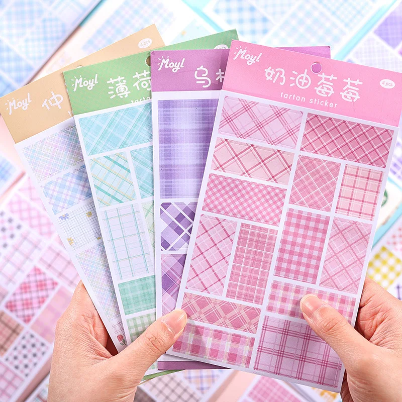 4sheets Check Washi Paper Stickers Pack Plaid Decorative Stickers For Collage Scrapbooking DIY Material Craft Diary Journal